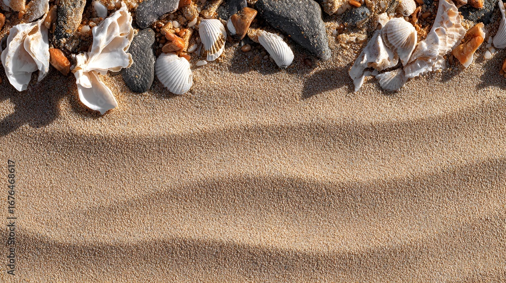 Aufkleber a close-up view of sandy beach, showcasing intricate patterns in the sand and a collection of variou