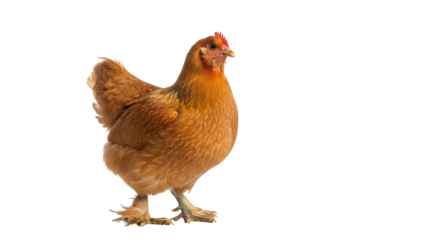 Beautiful buff brahma chicken stands against a stark black studio background