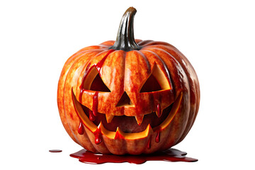 Carved Halloween pumpkin jack-o'-lantern with menacing face and red blood dripping down sides, isolated on a transparent background