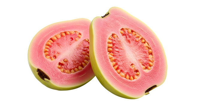 Two halves of a fresh guava fruit showing the pink flesh and seeds