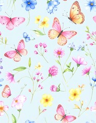 Fototapeta premium Watercolor-style floral and butterfly pattern on a light blue background