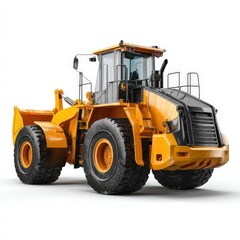 Heavy-duty yellow loader machine with large tires isolated on white background.