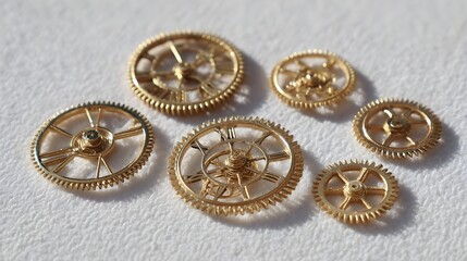 Fototapeta premium Close-up view of intricate gold-toned clock gears arranged on a light-colored surface. The detailed structure and variety of sizes in these gears create a captivating display of precision and design.