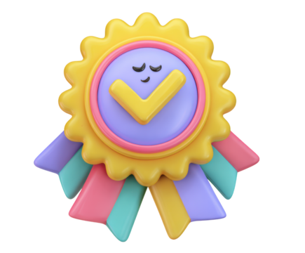 Colorful 3D Rendered Award Ribbon with a Check Mark and Smiling Face badge medal isolated on a transparent background