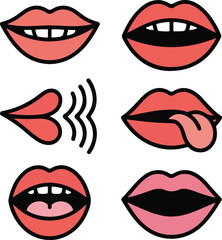 Hand-Drawn Lips Icon Pack Outline Vector Style Mouth Expressions Including Smile, Kiss, Whisper, Bite, Pout, and Open Mouth