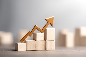 Wooden blocks form a rising staircase, topped by a golden arrow, symbolizing growth