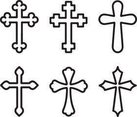 Hand-Drawn Religious Cross Vector Icons Pack Decorative, Historic, and Modern Cross Styles Line Art Collection