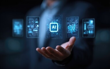 Businessperson holding holographic AI icons