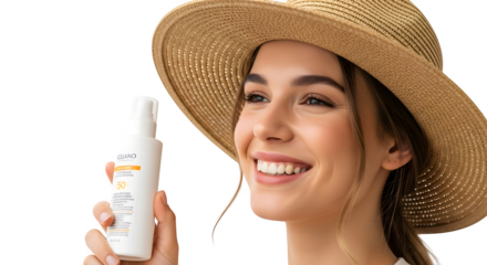 Smiling woman in sunhat holding sunscreen for skin protection against sun damage