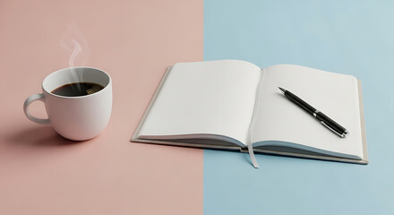 A steaming cup of black coffee sits next to an open notebook with a pen on a split pink and blue background.