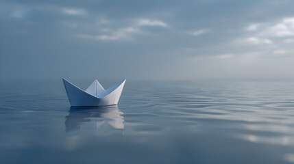 A paper boat sailing on a calm sea, symbolizing a journey, dreams, and the potential for adventure