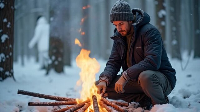 A survival enthusiast carefully arranges sticks to build a fire in a snow-covered forest. The tranquil winter setting creates a serene atmosphere amidst the snowflakes.
