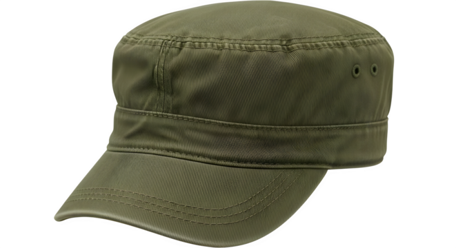 Olive green military style cap in a studio environment