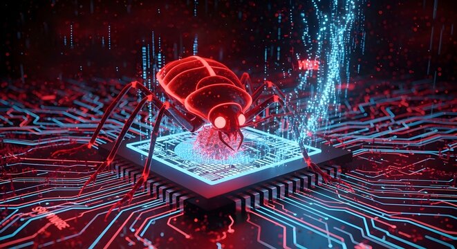 red glowing compiter bug on infected chip in cyberspace 3d redner. spyware, malware, virus trojan, keylogger, hacker attack illustration