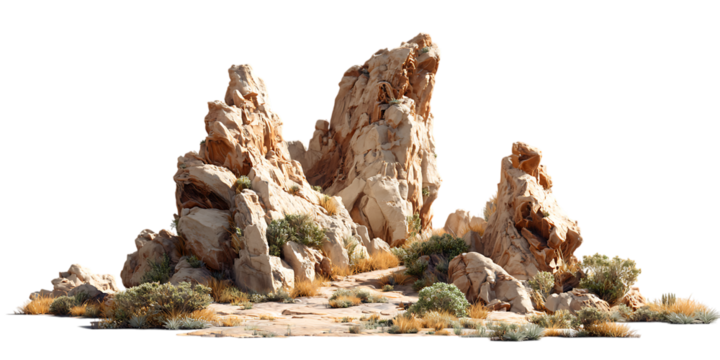 Arid desert scene with rock formations and sparse vegetation.