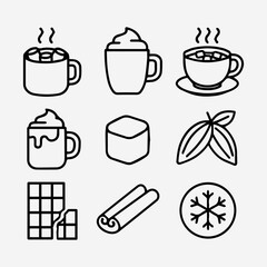 Hot Chocolate Icon Set Marshmallows Whipped Cream Cocoa Beans Cinnamon.