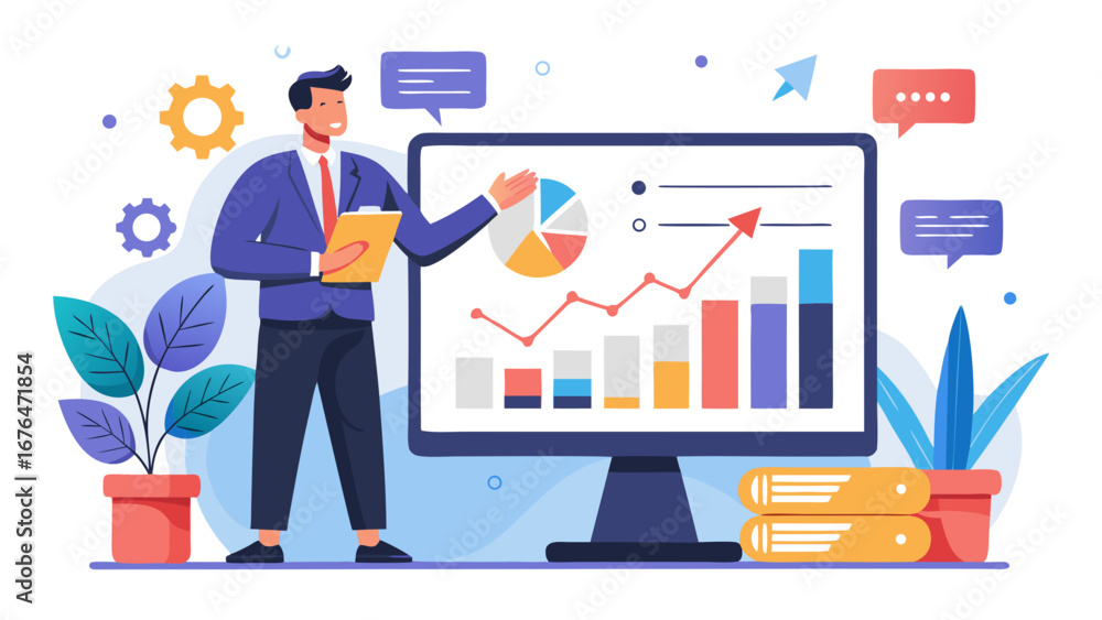 Poster man presenting data on a screen with charts and graphs