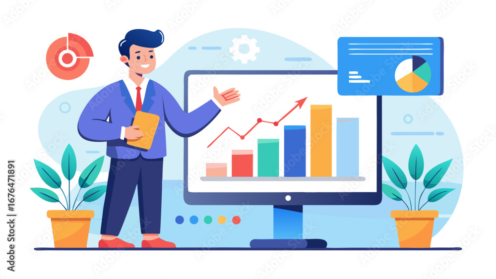 Poster man presenting data on screen with charts and graphs
