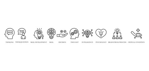 critical thinking banner icon vector concept with of  thinking, think question, skill development, skill, decision, thought, intelligence, psychology, brainstorm process, critical condition






