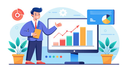 Man presenting data on screen with charts and graphs