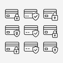 Secure Payment Icons Credit Cards with Padlocks and Shields in a Grid.