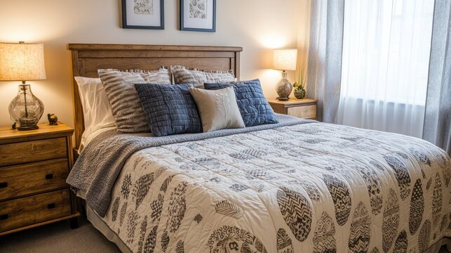 A cozy bedroom with a patterned bedspread neatly laid across the bed