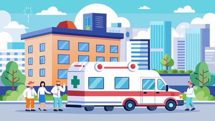 Ambulance and medical staff in front of hospital scene