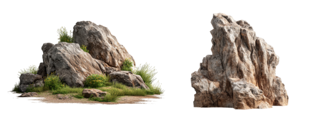 Two large rock formations with vegetation and grass isolated on transparent background.
