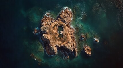 Aerial view of a rocky island with a hidden lagoon surrounded by turquoise waters creating a
