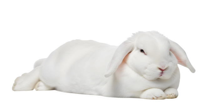 Adorable white lop rabbit resting peacefully against a dark contrasting backdrop
