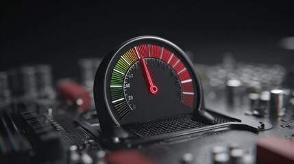 CPU temperature gauge hologram above board turning red conceptual overheating risk illustration illustration concept scene visual for commercial design use high detail quality stock image illustration