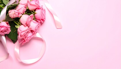 Delicate pink roses tied with ribbon on a pastel pink background