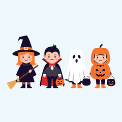 Spooky-cute Halloween children vector set featuring witch, ghost, vampire, and pumpkin outfits. Ideal for creative designs, prints, and online content.