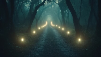 Obraz premium Mysterious illuminated pathway through a dark forest creating an enchanting atmosphere