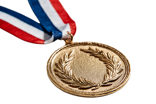 Gold medal with ribbon on black background. Winning, success, achievement concept.