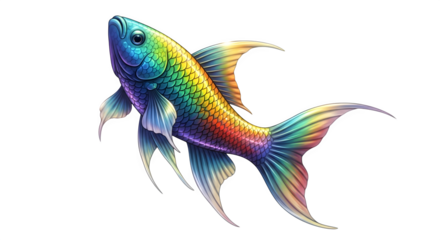 Vibrant rainbow fish swims gracefully against a stark artwork