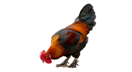 Majestic rooster with vibrant plumage foraging for food against a black backdrop