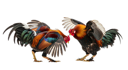 Fototapeta premium Two roosters facing off in a fierce cockfight with colorful plumage