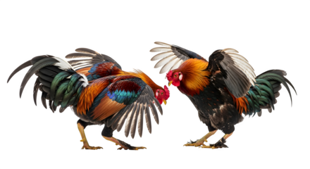 Two roosters facing off in a fierce cockfight with colorful plumage
