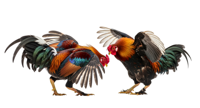 Two roosters facing off in a fierce cockfight with colorful plumage