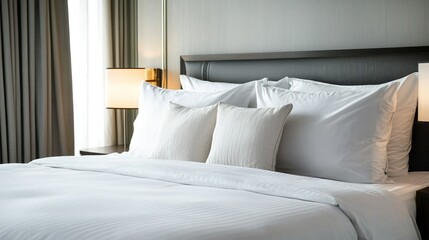 A newly renovated hotel room featuring a crisp white bedspread and accent pillows