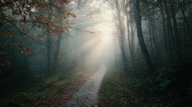 A mysterious foggy forest path creates an eerie and captivating enigma as sunlight barely pierces through dense branches and swirling mist - Powered by Adobe