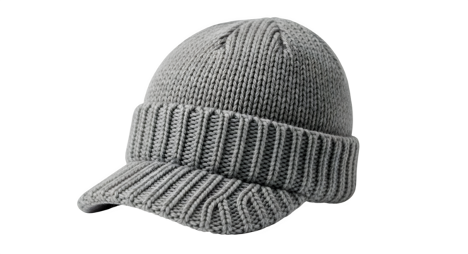 Gray knitted hat with a visor for winter fashion style