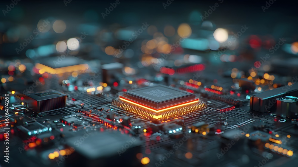 Aufkleber close-up view of a complex circuit board with a highlighted processor, showcasing intricate details 