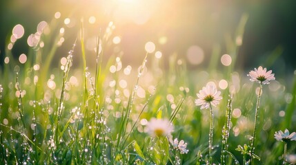 A peaceful meadow scene with wildflowers and blades of grass shimmering with dew under soft sunlight