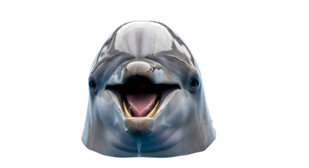 Close up of a smiling dolphin with an open mouth on a black background