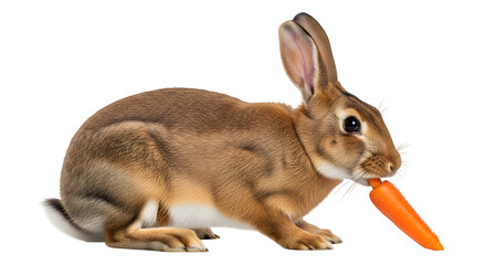 Cute brown rabbit eating a fresh orange carrot against a plain