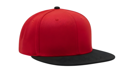 Red and black flat bill cap in studio shot