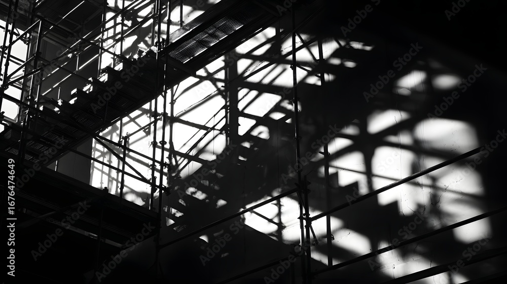 Poster intricate scaffolding structure casts dramatic shadows, creating a compelling black and white abstra