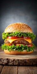 A juicy hamburger placed on a sesame seed bun with melted cheese and fresh lettuce